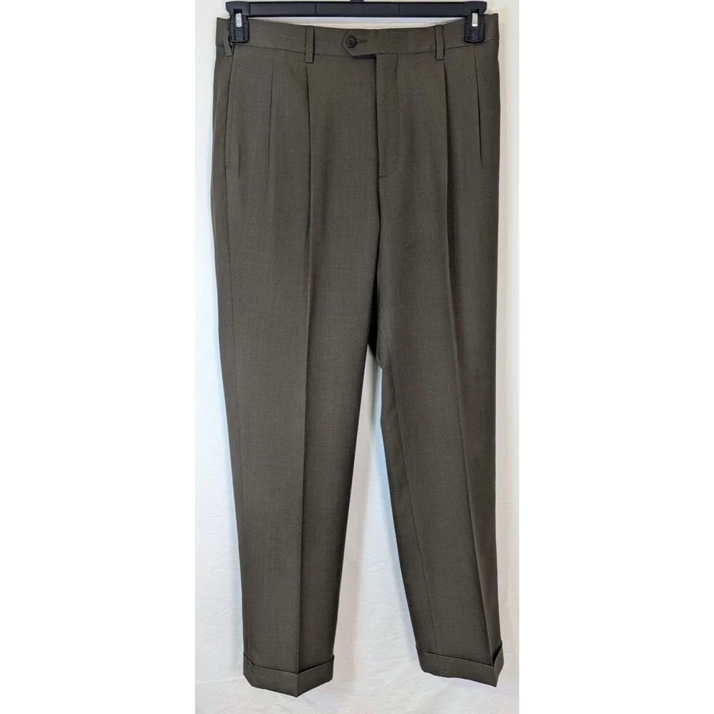 Savane Men's Pleated Dress Pants Brown Taupe Cuffed 34x32 Business Casual